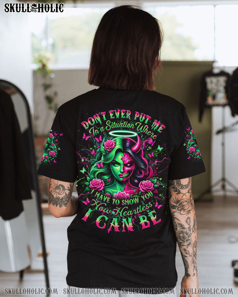 Dont Ever Put Me I Can Be Half Angel Half Devil Skull Gothic Graphic AOP Shirts _1_ tA3iW