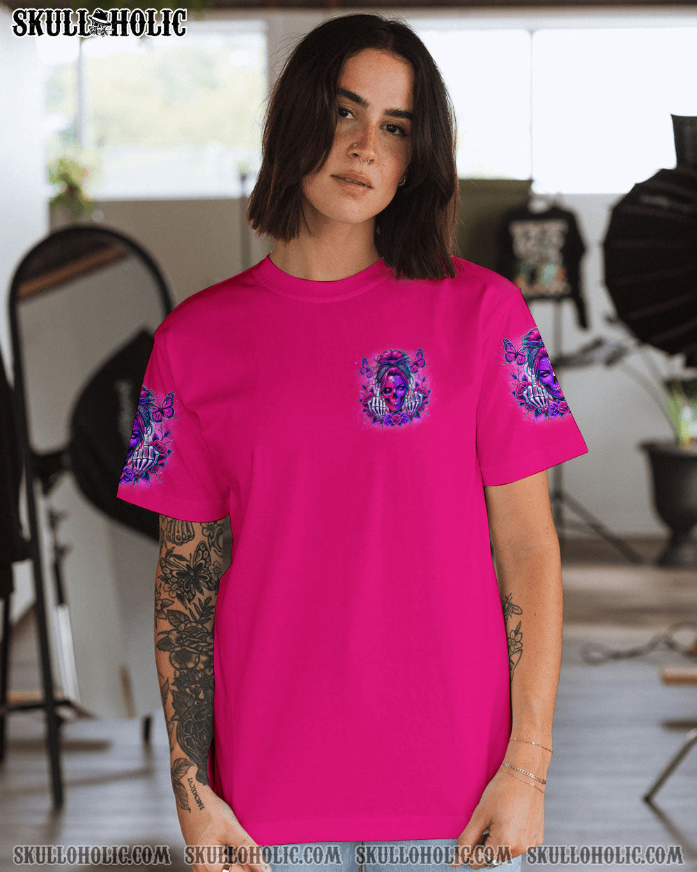 Dont Ever Put Me I Can Be Pink Skull and Rose Gothic Attitude Graphic AOP Shirts _4_ IZGbG