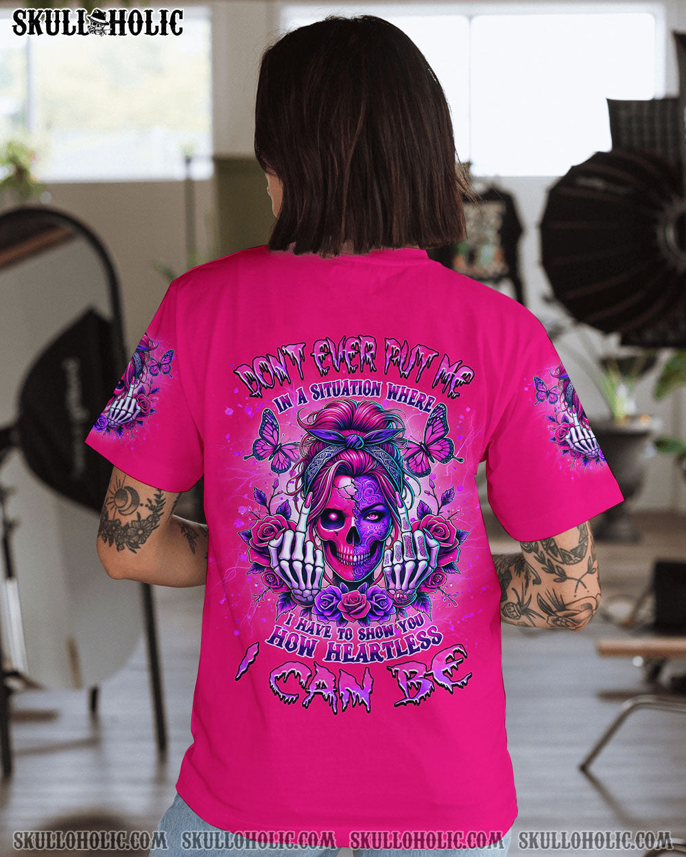 Dont Ever Put Me I Can Be Pink Skull and Rose Gothic Attitude Graphic AOP Shirts _7_ jG3Y8