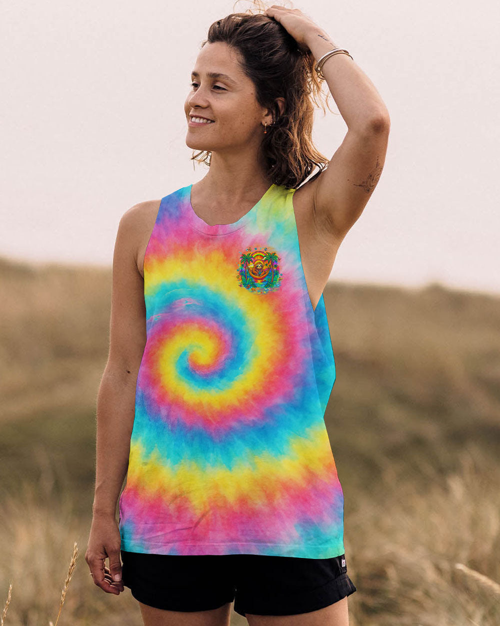 Dont Hurry Be Happy Tie Dye Sloth with Peace Sign and Palm Trees AOP Shirts _10_ NZqyK