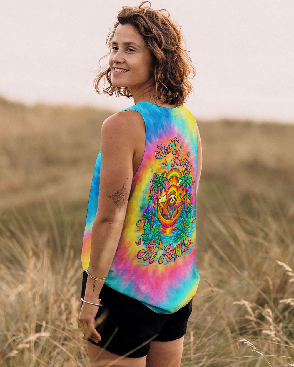 Dont Hurry Be Happy Tie Dye Sloth with Peace Sign and Palm Trees AOP Shirts _11_ Y9JwK
