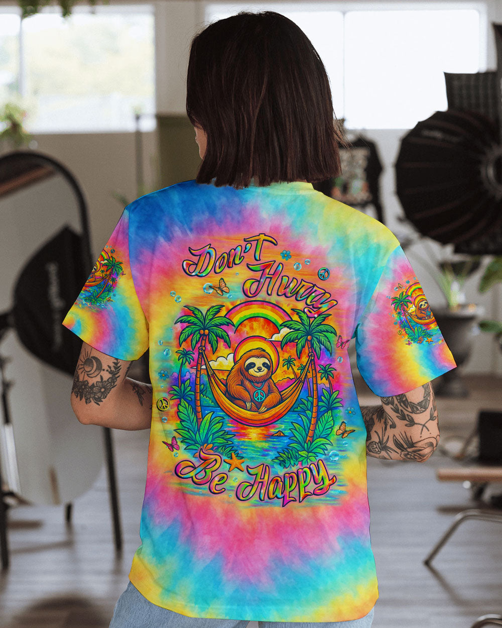 Dont Hurry Be Happy Tie Dye Sloth with Peace Sign and Palm Trees AOP Shirts _12_ psjKR