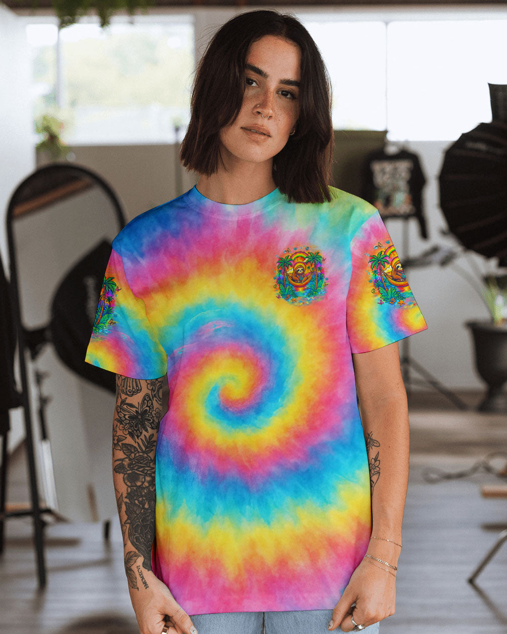 Dont Hurry Be Happy Tie Dye Sloth with Peace Sign and Palm Trees AOP Shirts _14_ ZeNBw
