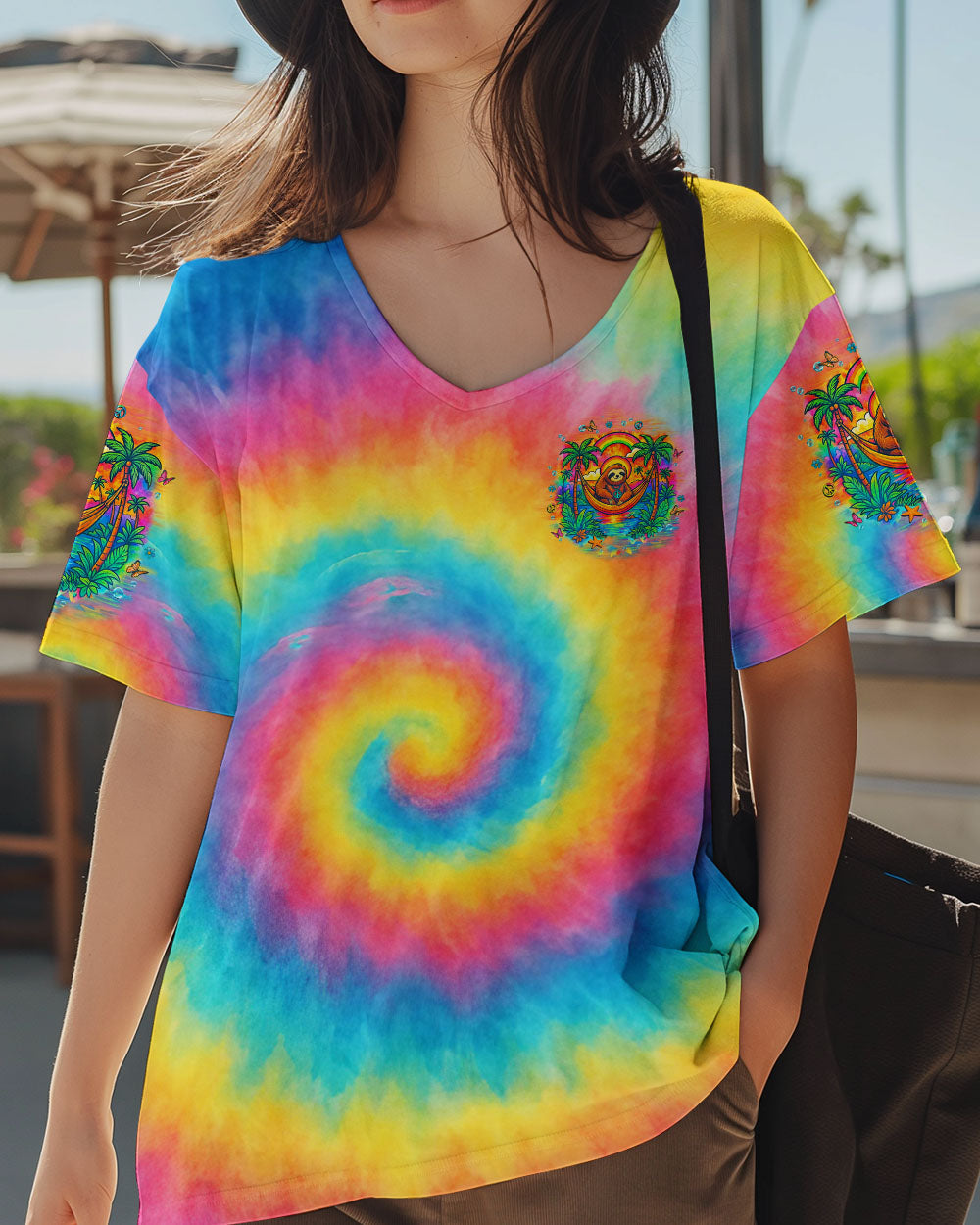 Dont Hurry Be Happy Tie Dye Sloth with Peace Sign and Palm Trees AOP Shirts _2_ eYiiH