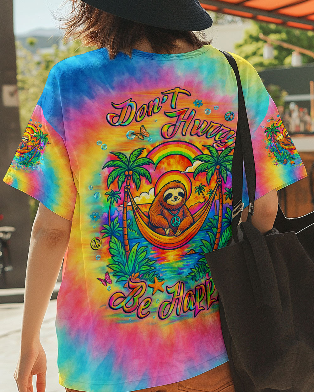 Dont Hurry Be Happy Tie Dye Sloth with Peace Sign and Palm Trees AOP Shirts _3_ B4rXz