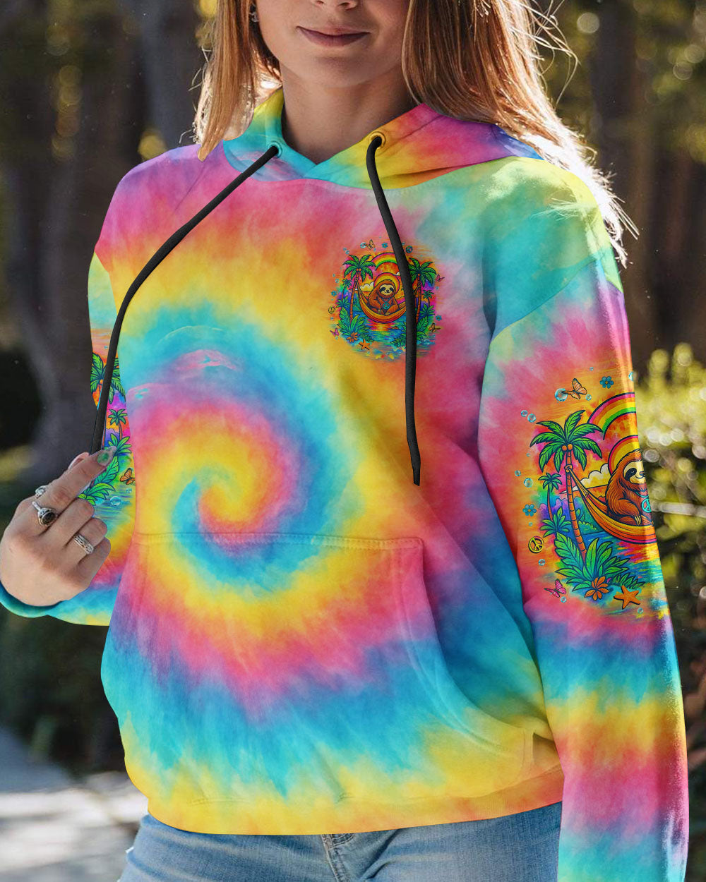 Dont Hurry Be Happy Tie Dye Sloth with Peace Sign and Palm Trees AOP Shirts _4_ IaUG8