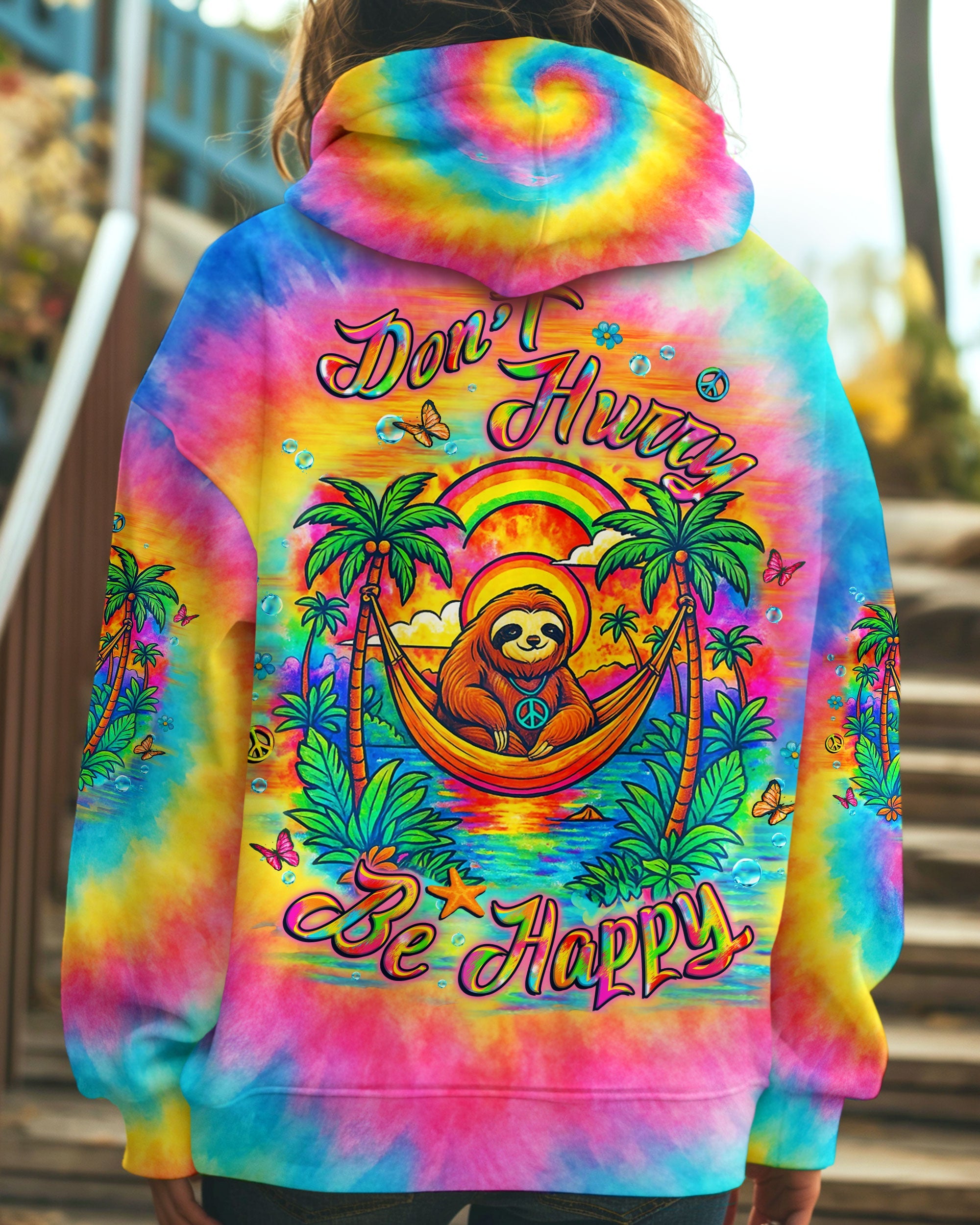 Dont Hurry Be Happy Tie Dye Sloth with Peace Sign and Palm Trees AOP Shirts _5_ Pr08p