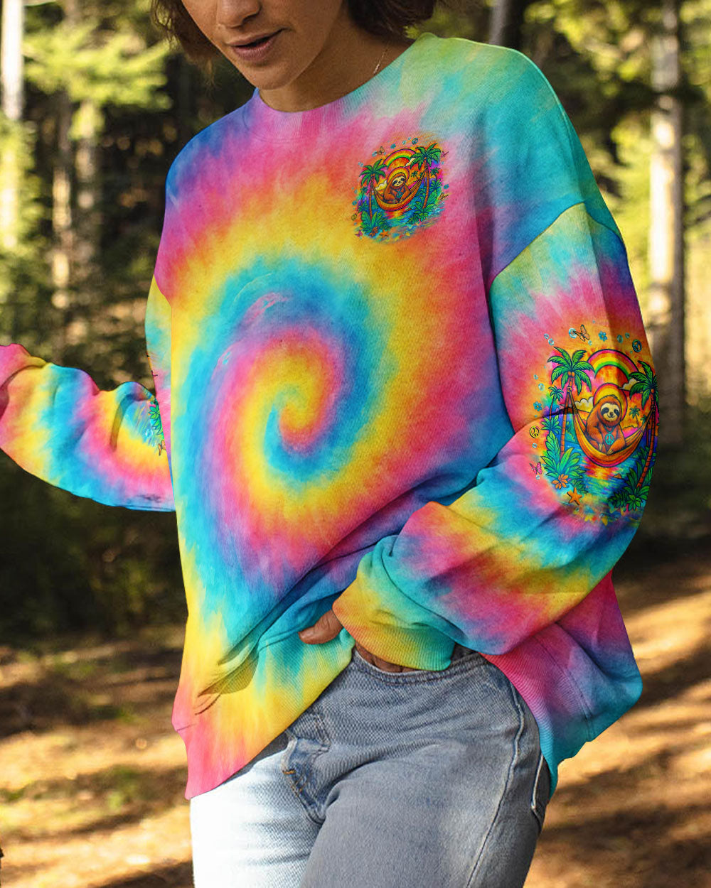 Dont Hurry Be Happy Tie Dye Sloth with Peace Sign and Palm Trees AOP Shirts _6_ zrLqR
