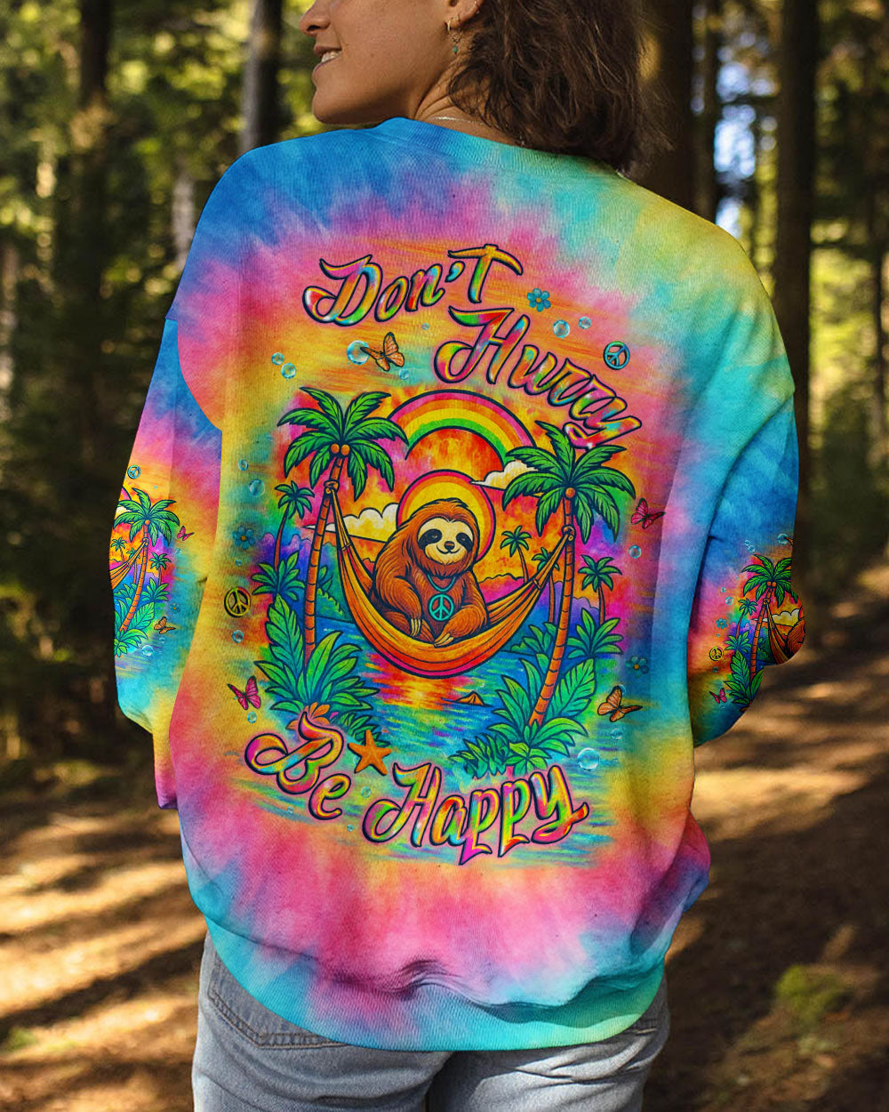 Dont Hurry Be Happy Tie Dye Sloth with Peace Sign and Palm Trees AOP Shirts _7_ UifxM
