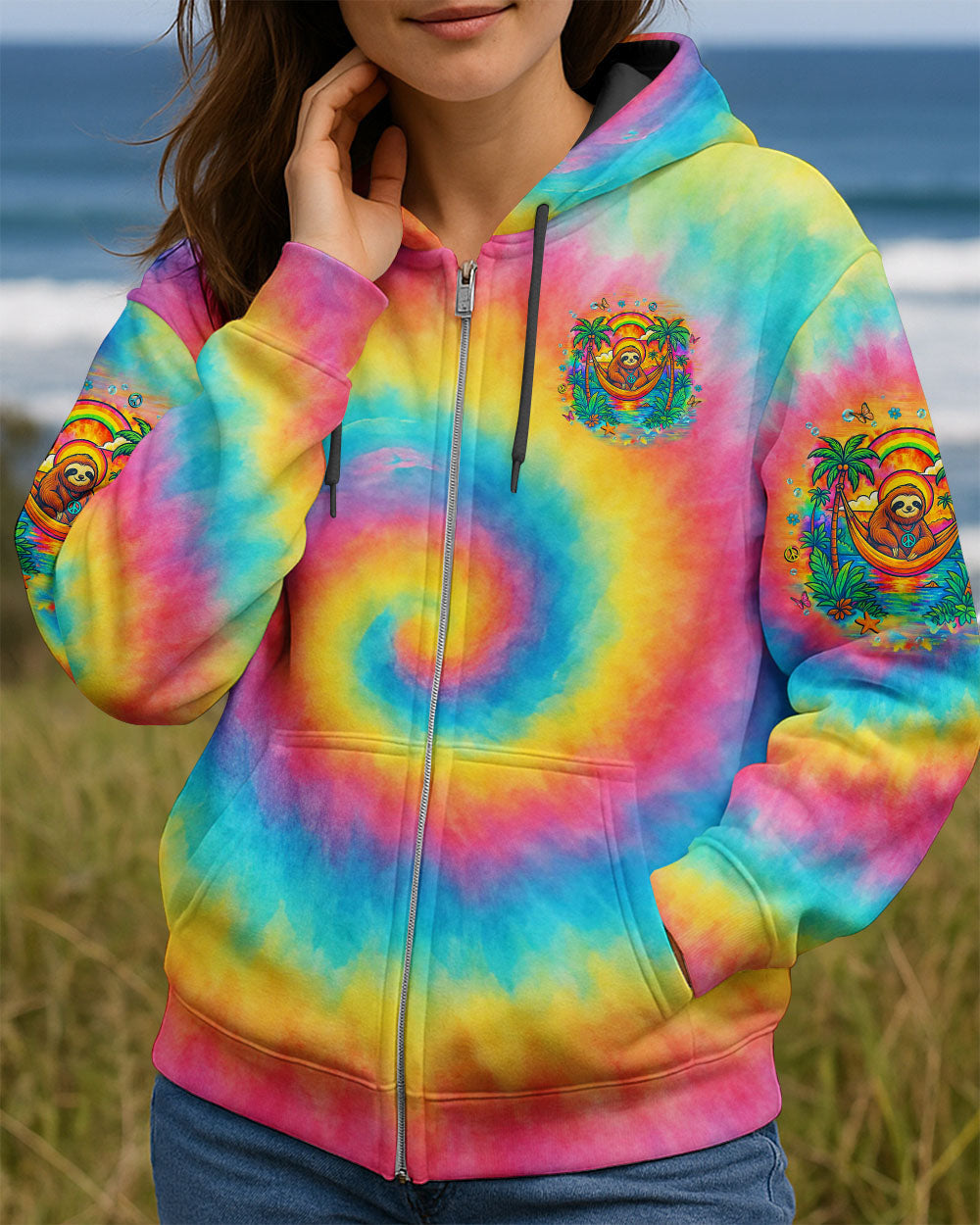 Dont Hurry Be Happy Tie Dye Sloth with Peace Sign and Palm Trees AOP Shirts _8_ iBe2f