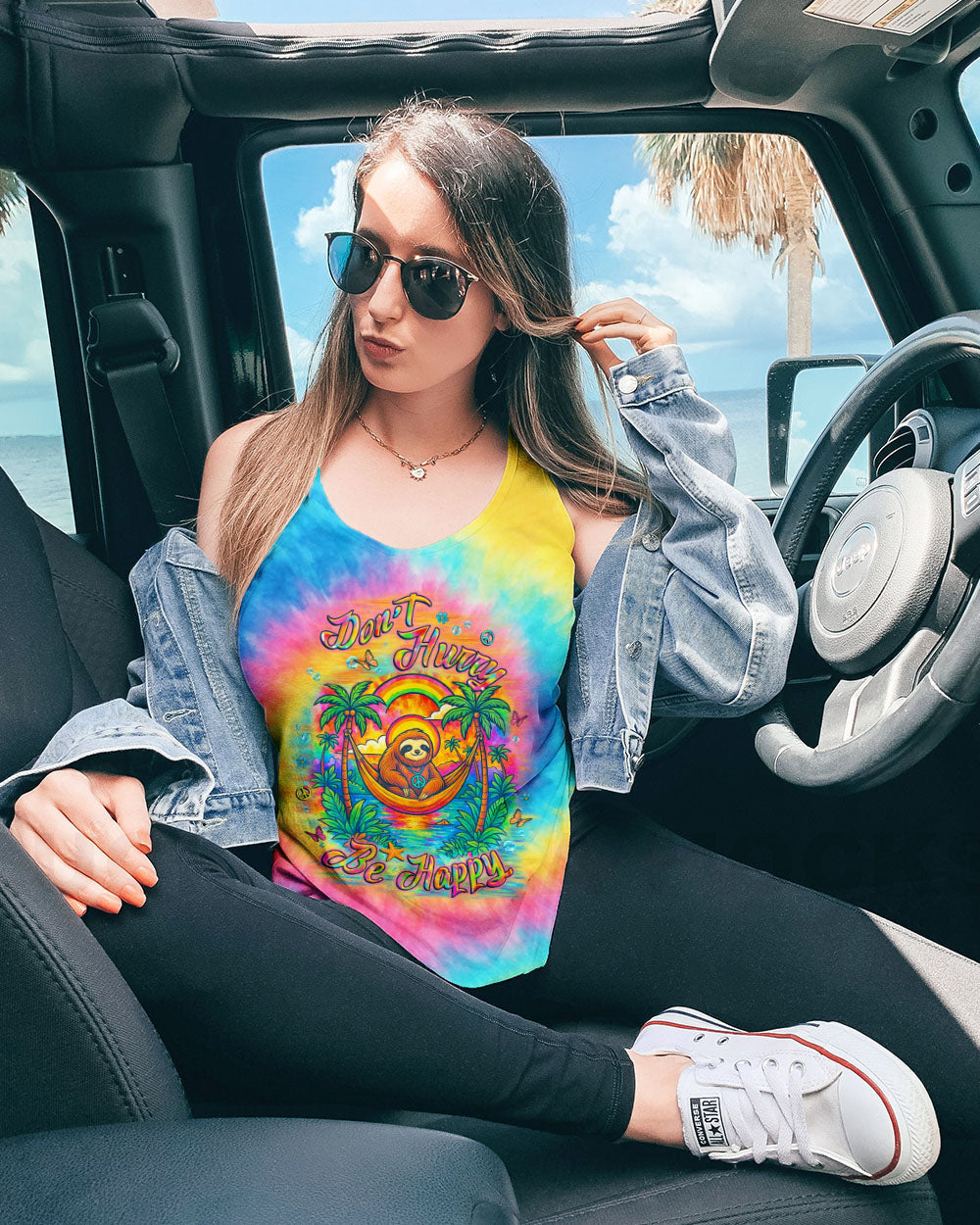 Dont Hurry Be Happy Tie Dye Sloth with Peace Sign and Palm Trees AOP Shirts _9_ zQaf9