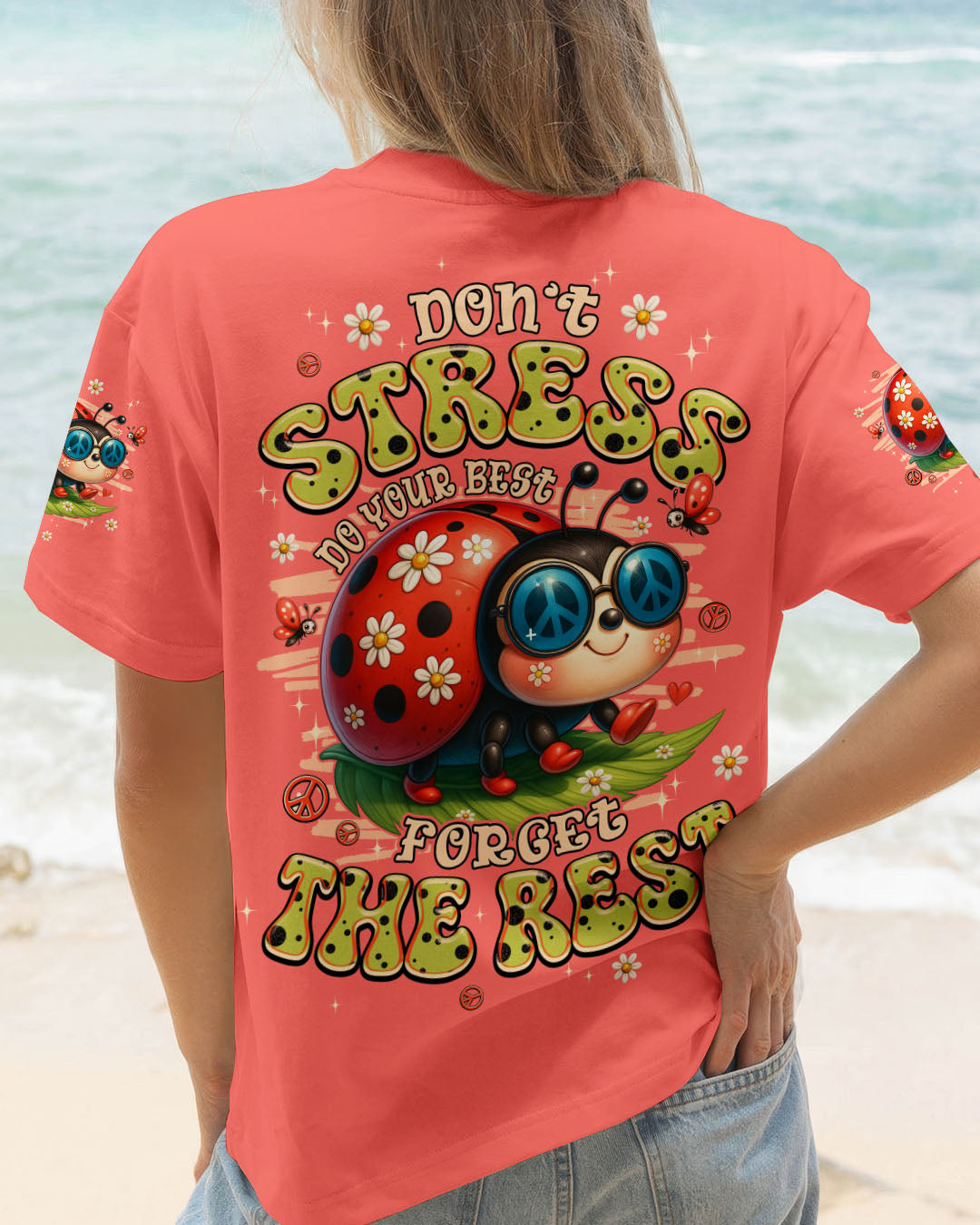 Dont Stress Do Your Best Forget The Rest Ladybug Peacefull Funny Motivational AOP Shirts _1_ C5pKl