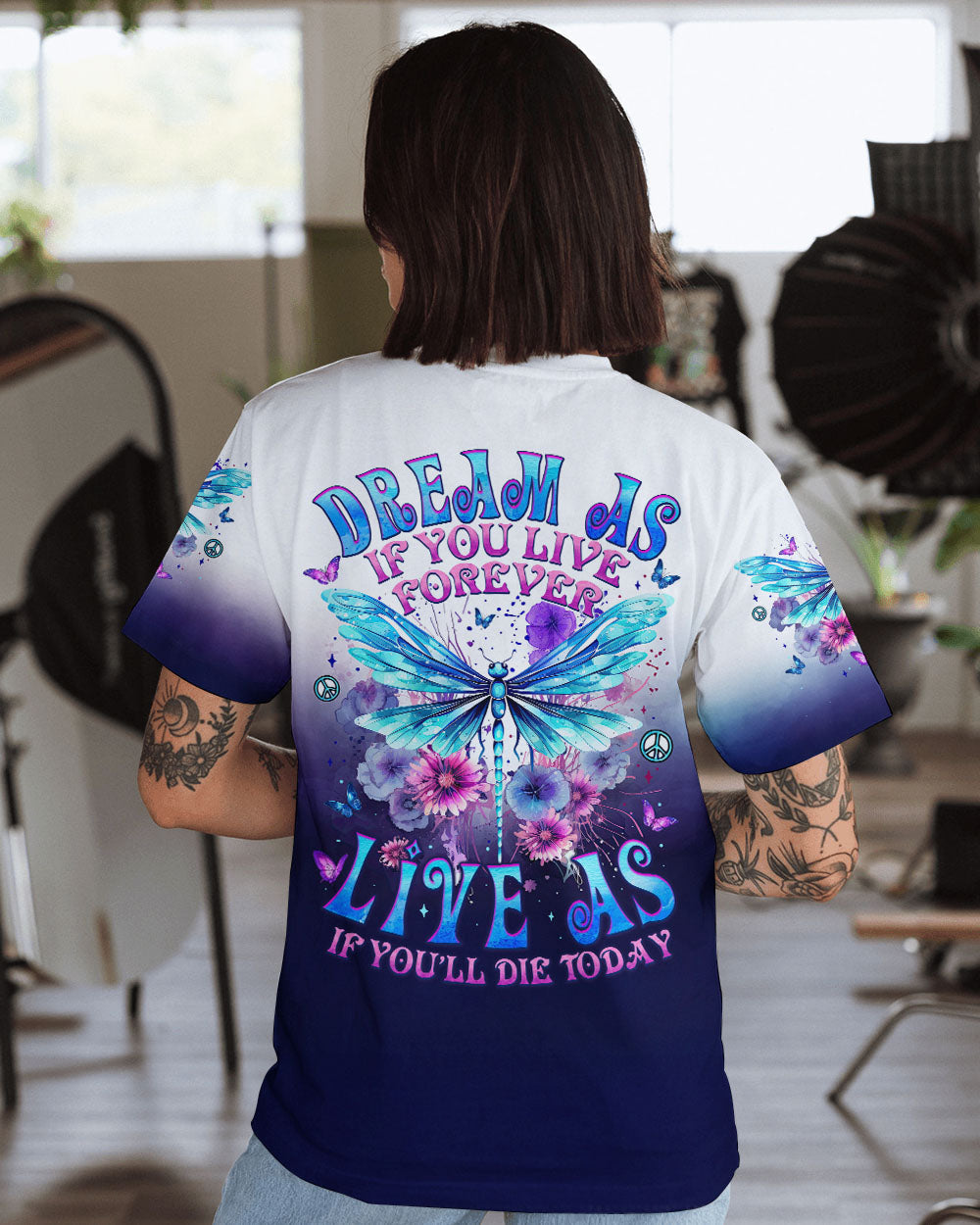 Dream As If You Live Forever Live As If Youll Die Today Dragonfly Peace Flowers AOP Shirts _1_ HdQ4r