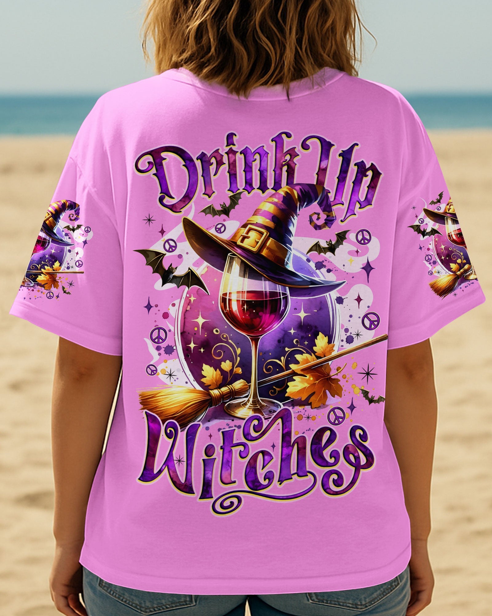 Drink Up Witches Witch Hat Wine Glass Pumpkins _26 Halloween Fun AOP Shirts _13_ hDCn9