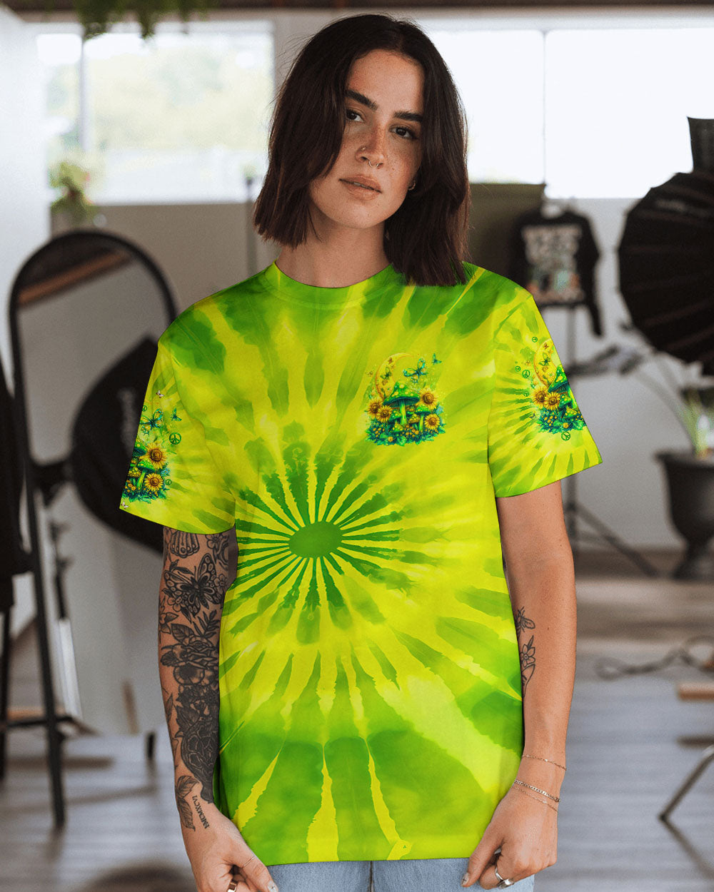 Eat Mushrooms See the Universe Green Tie Dye Mushroom Forest AOP Shirts _14_ TnN0W