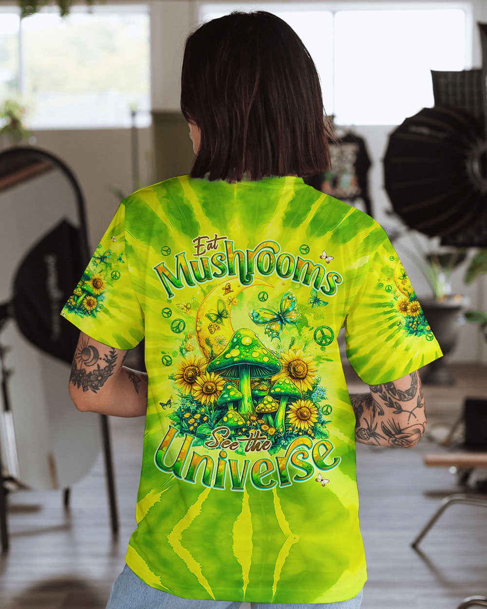 Eat Mushrooms See the Universe Green Tie Dye Mushroom Forest AOP Shirts _1_ UCuVB