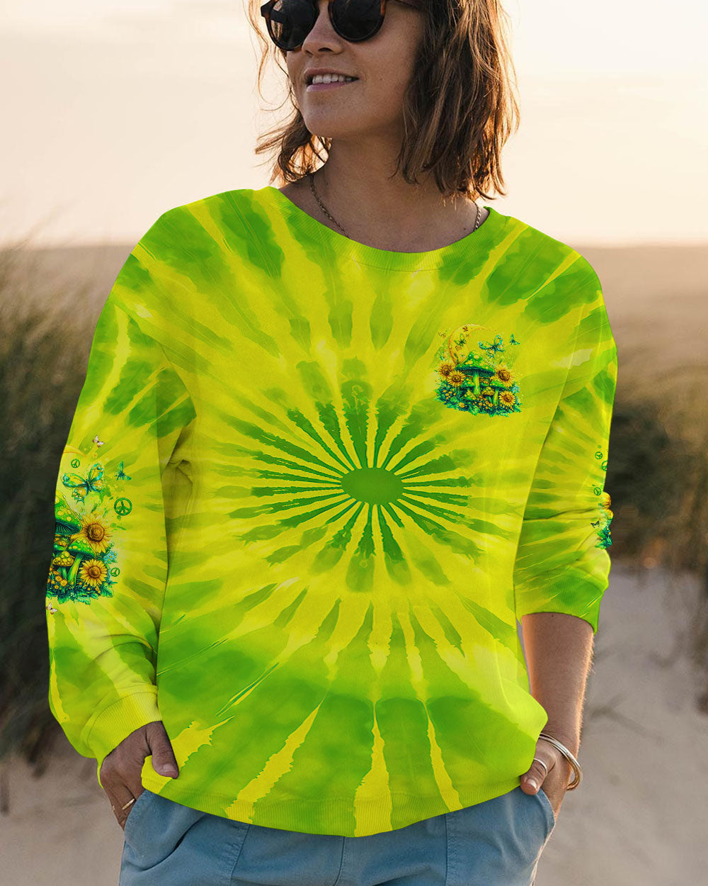 Eat Mushrooms See the Universe Green Tie Dye Mushroom Forest AOP Shirts _6_ 50zcX