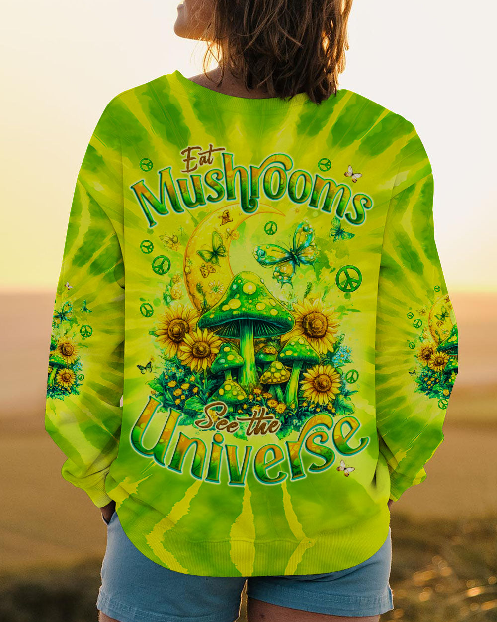 Eat Mushrooms See the Universe Green Tie Dye Mushroom Forest AOP Shirts _7_ h0iyi