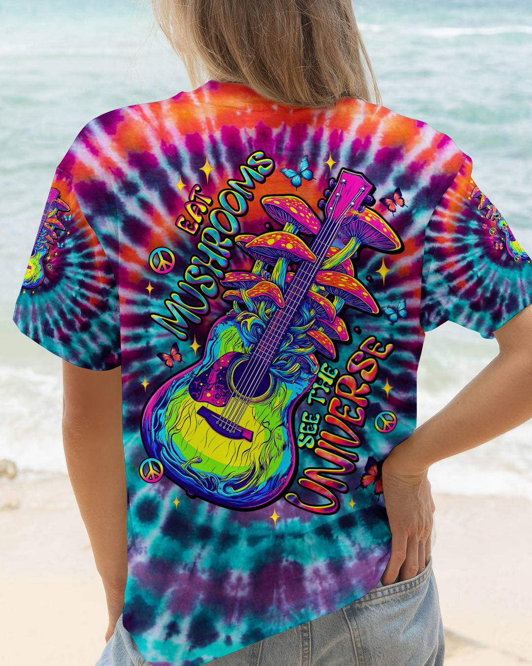 Eat Mushrooms See the Universe Tie Dye Psychedelic Graphic Tee with Guitar for Women AOP Shirts _1_ Ujg8d