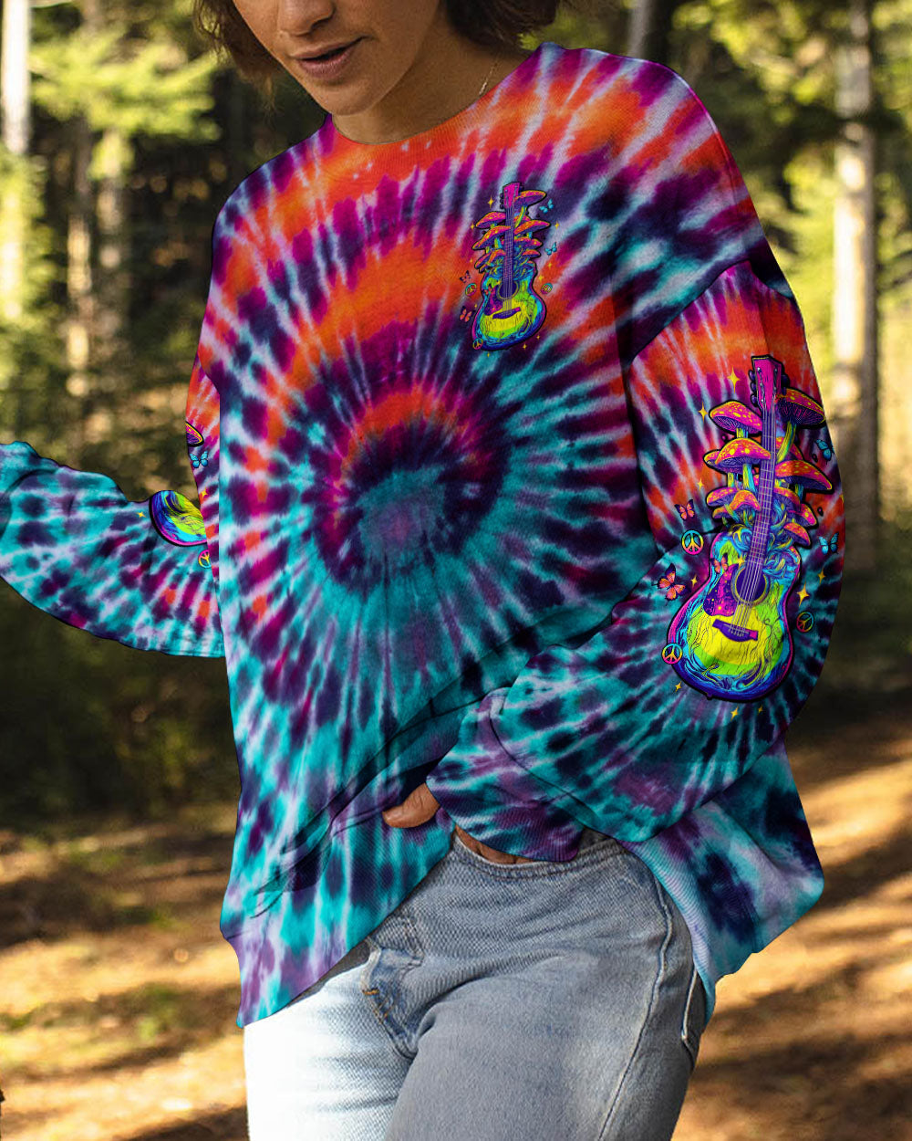 Eat Mushrooms See the Universe Tie Dye Psychedelic Graphic Tee with Guitar for Women AOP Shirts _8_ 6y5i4