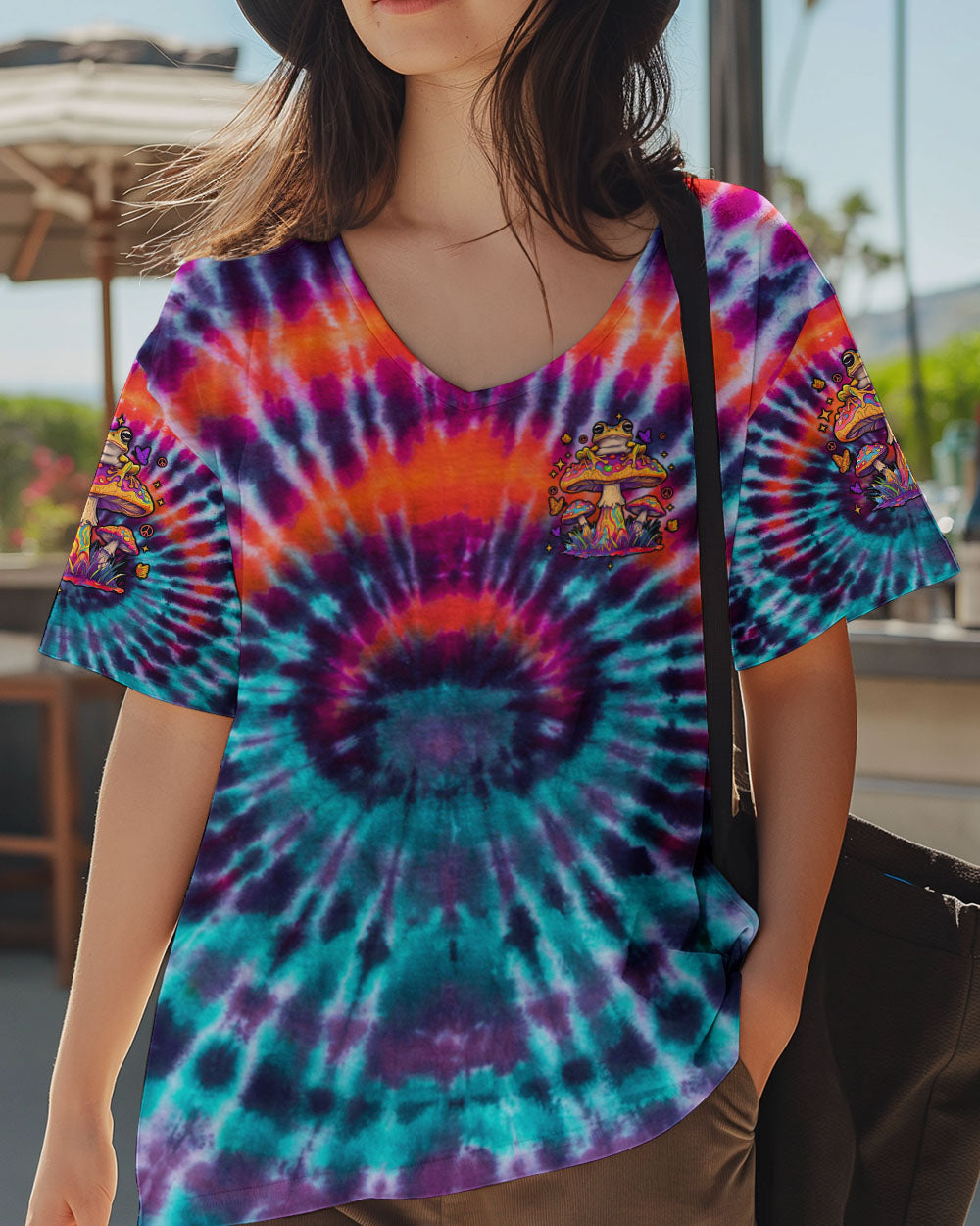Eat Mushrooms See the Universe Trippy Tie Dye Frog Design AOP Shirts _11_ T51Q9