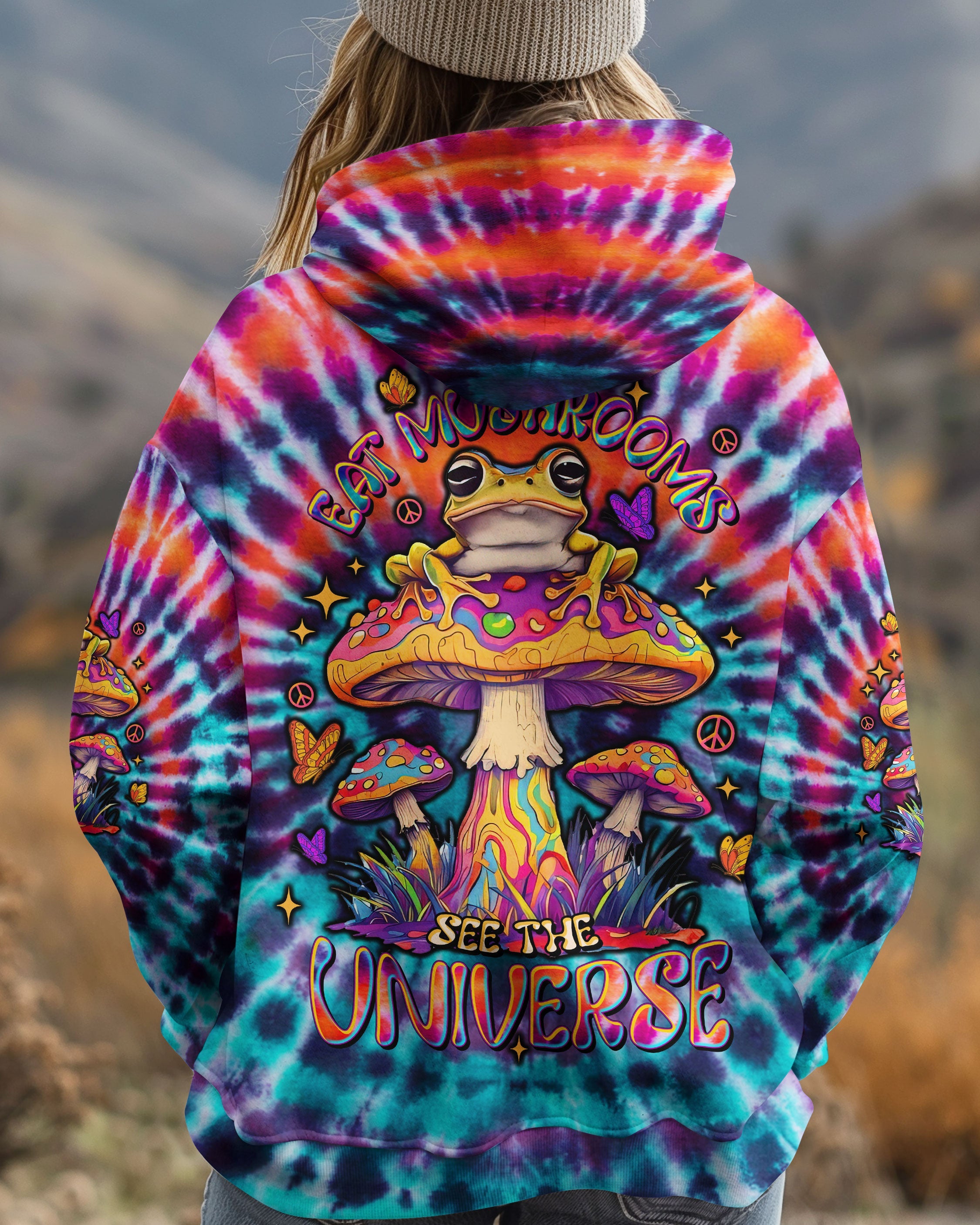 Eat Mushrooms See the Universe Trippy Tie Dye Frog Design AOP Shirts _1_ 1XDtN