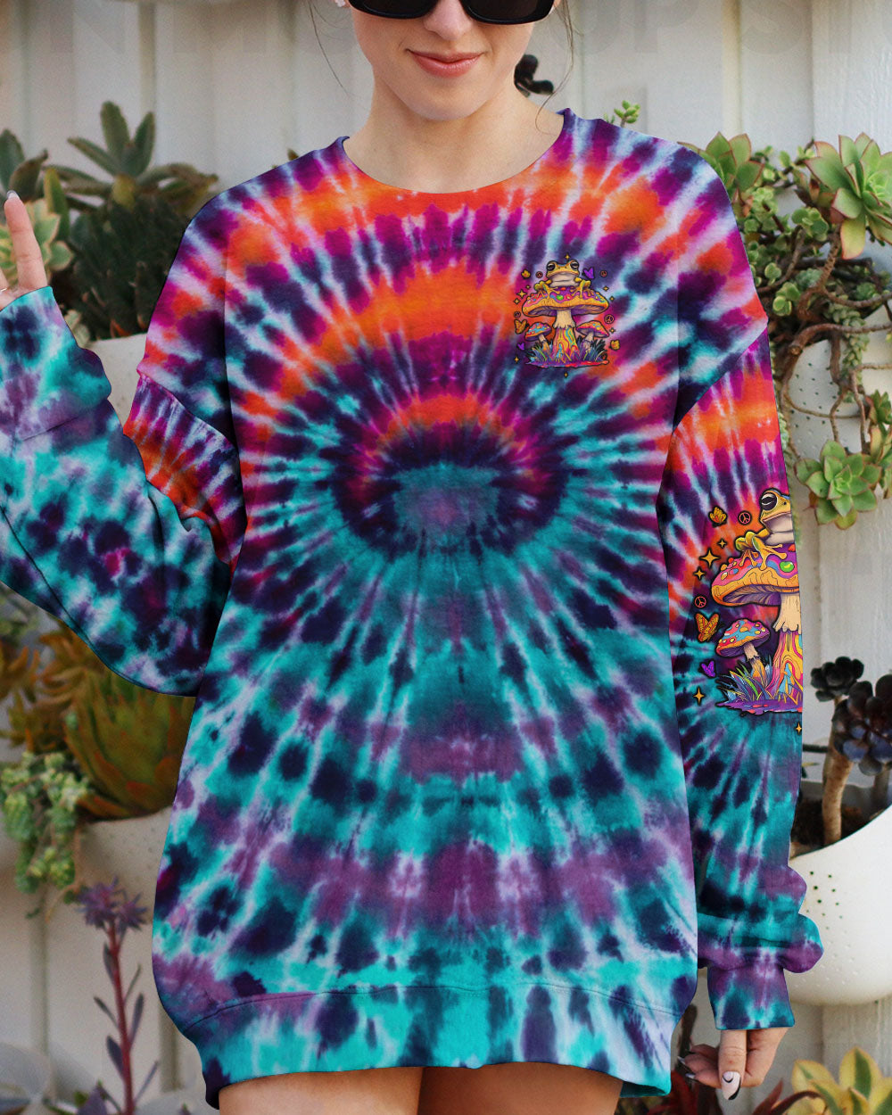 Eat Mushrooms See the Universe Trippy Tie Dye Frog Design AOP Shirts _2_ 65HXC