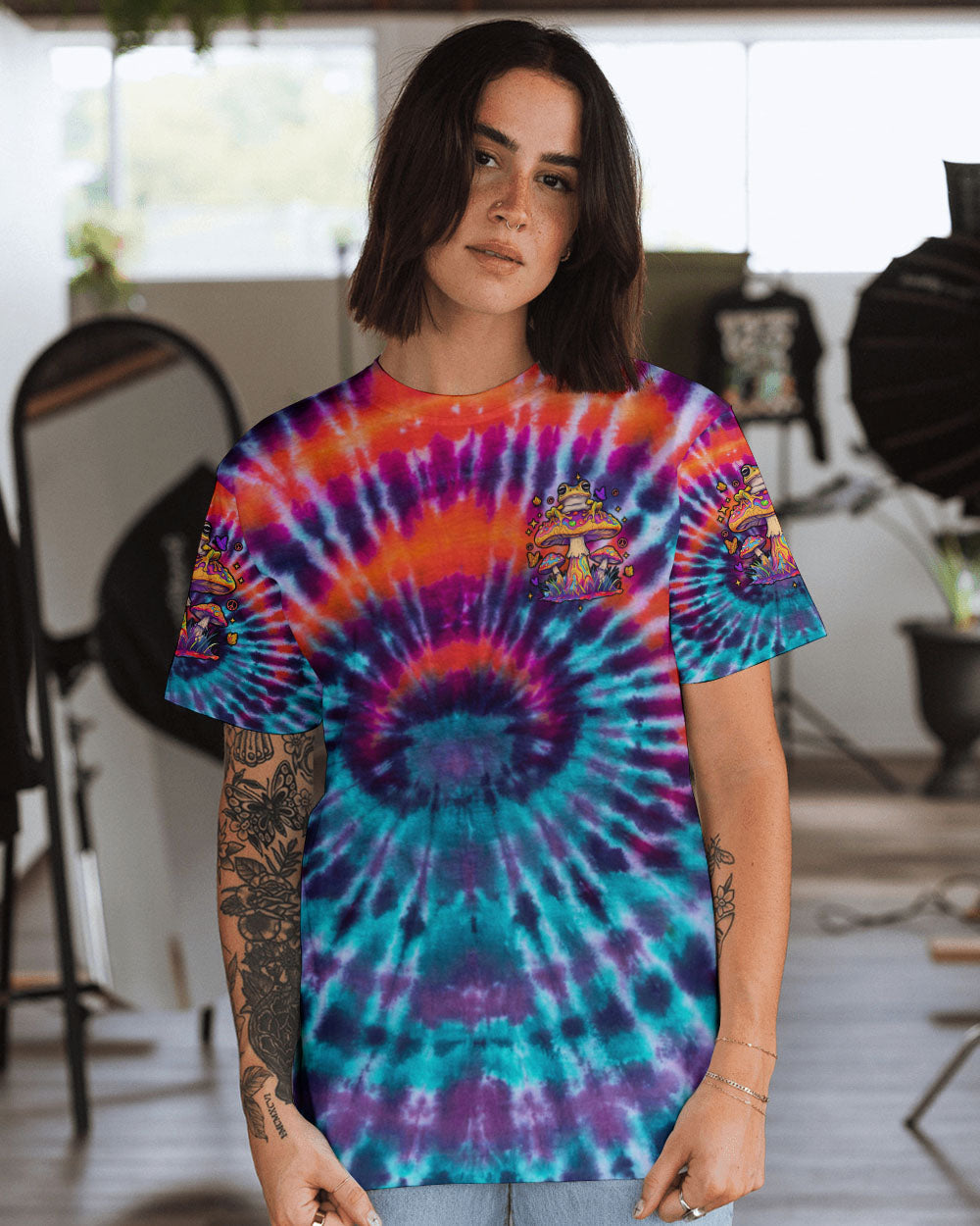 Eat Mushrooms See the Universe Trippy Tie Dye Frog Design AOP Shirts _9_ k9sXX