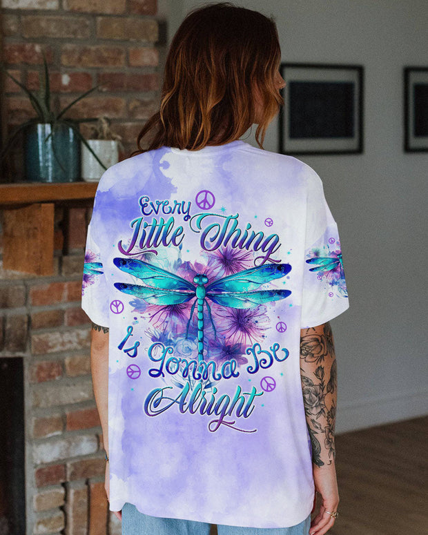 Every Little Thing Is Gonna Be Alright - Peacefu Purple Dragonfly Inspirational Graphic - AOP Shirts
