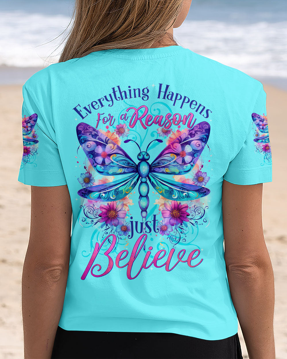 Everything Happens for a Reason Just Believe Dragonfly and Flower Design AOP Shirts _5_ xCHuG