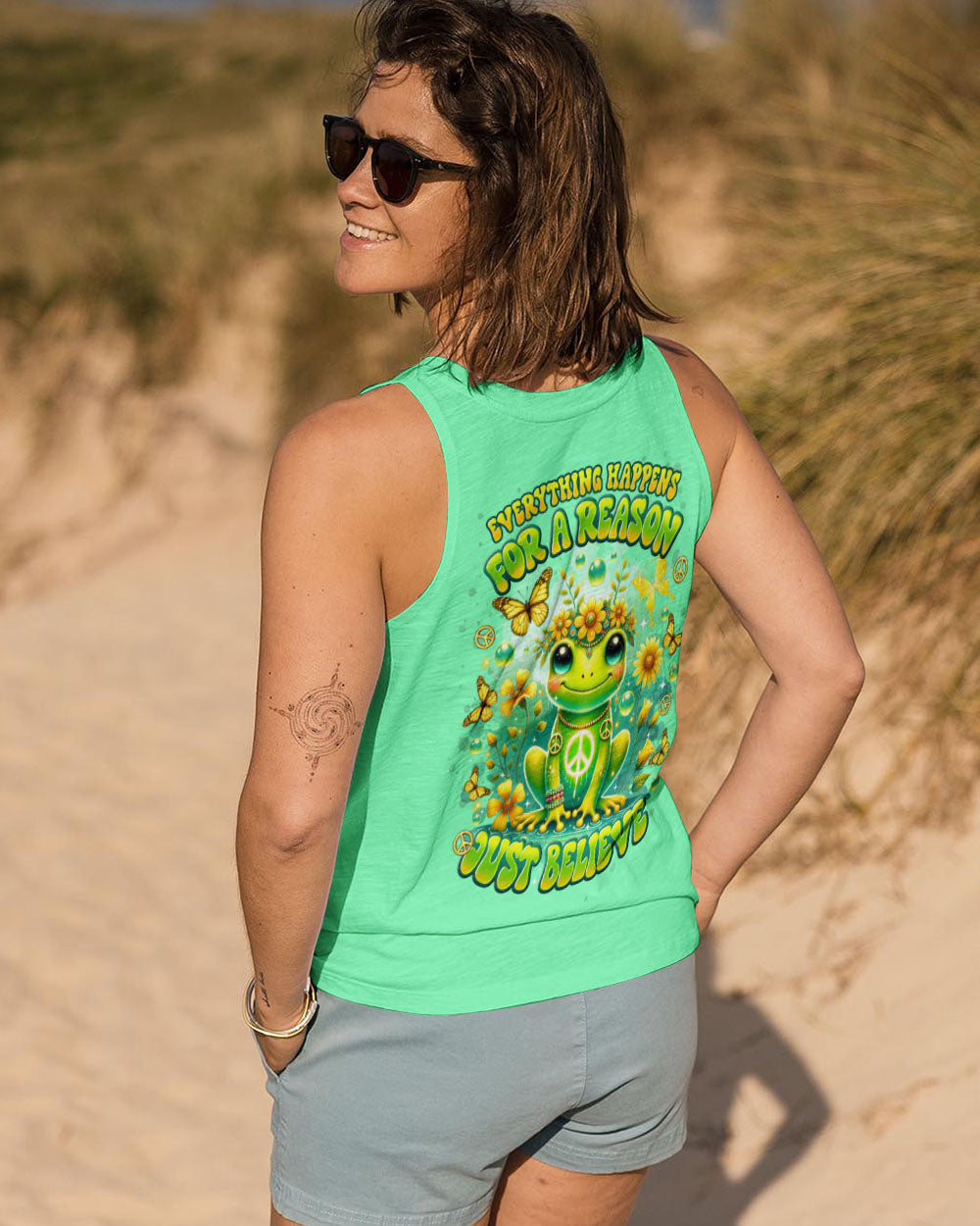 Everything Happens for a Reason Just Believe Green Frog Peace Sign Hippie AOP Shirts _10_ i3zPF