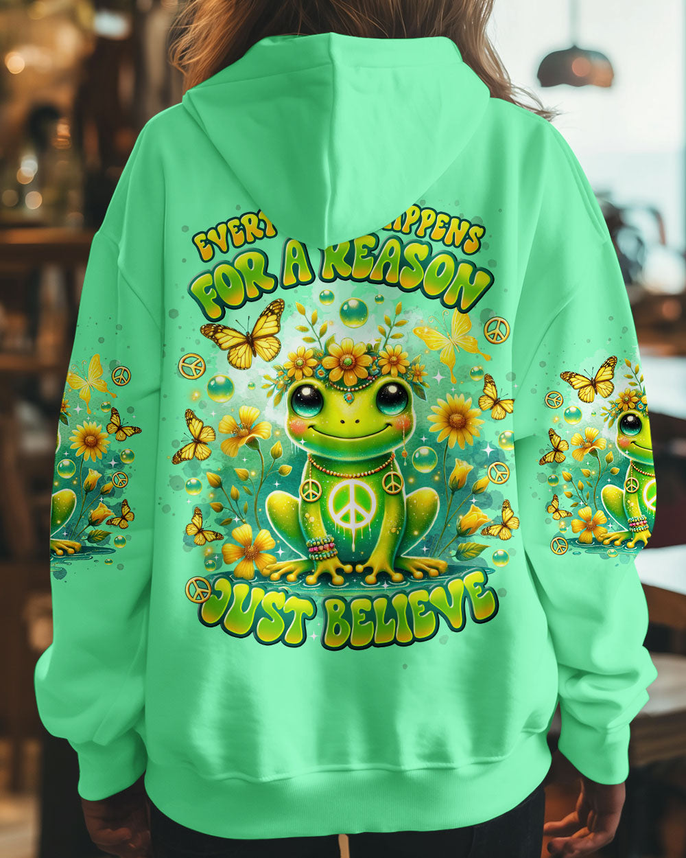 Everything Happens for a Reason Just Believe Green Frog Peace Sign Hippie AOP Shirts _11_ btSou