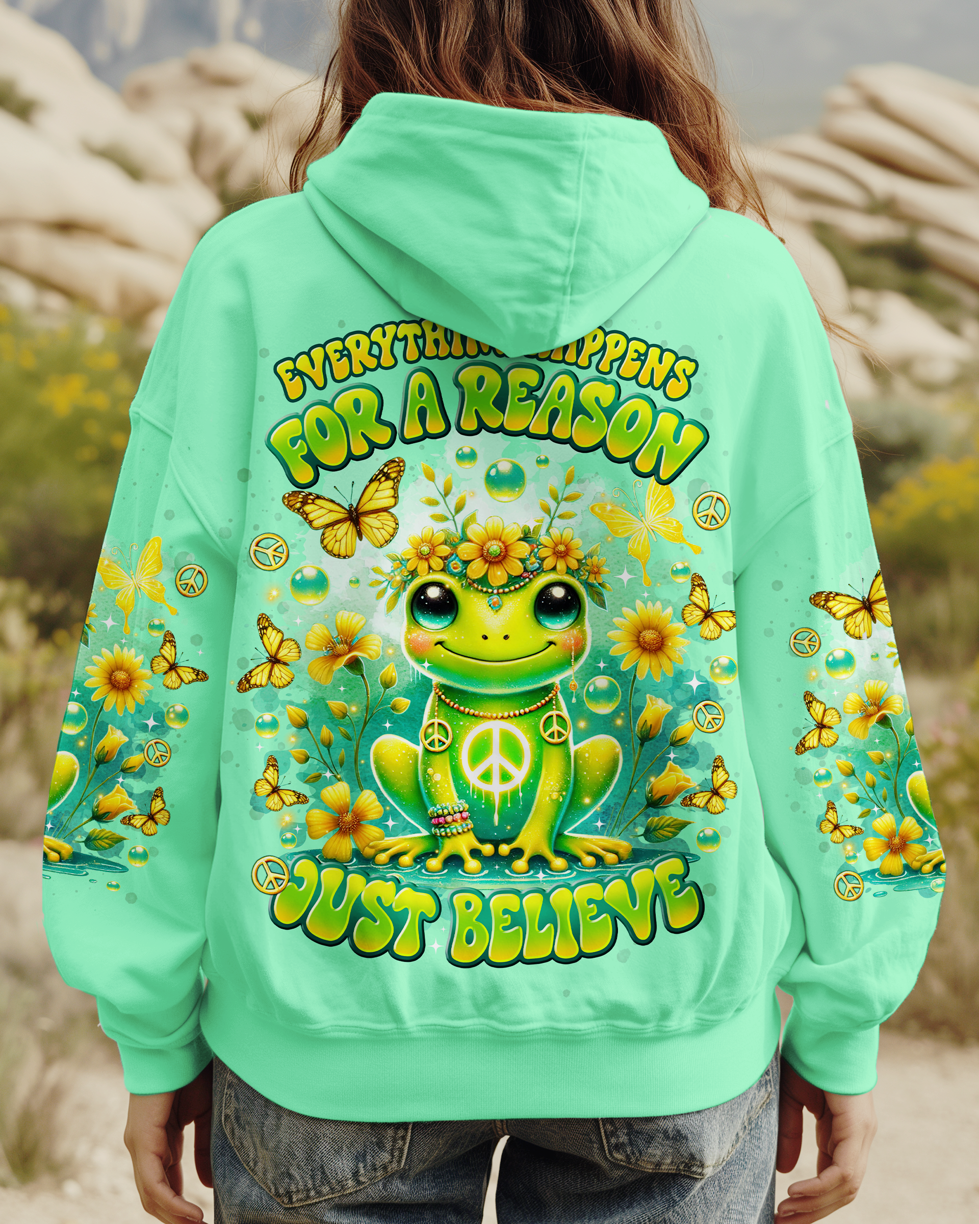 Everything Happens for a Reason Just Believe Green Frog Peace Sign Hippie AOP Shirts _1_ S8HGS