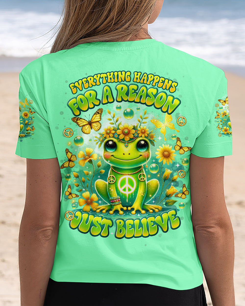 Everything Happens for a Reason Just Believe Green Frog Peace Sign Hippie AOP Shirts _3_ sJYcT