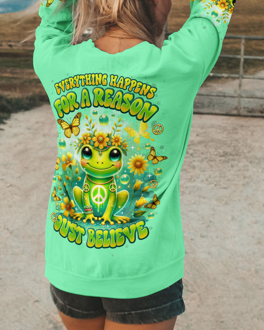 Everything Happens for a Reason Just Believe Green Frog Peace Sign Hippie AOP Shirts _6_ NQRoO