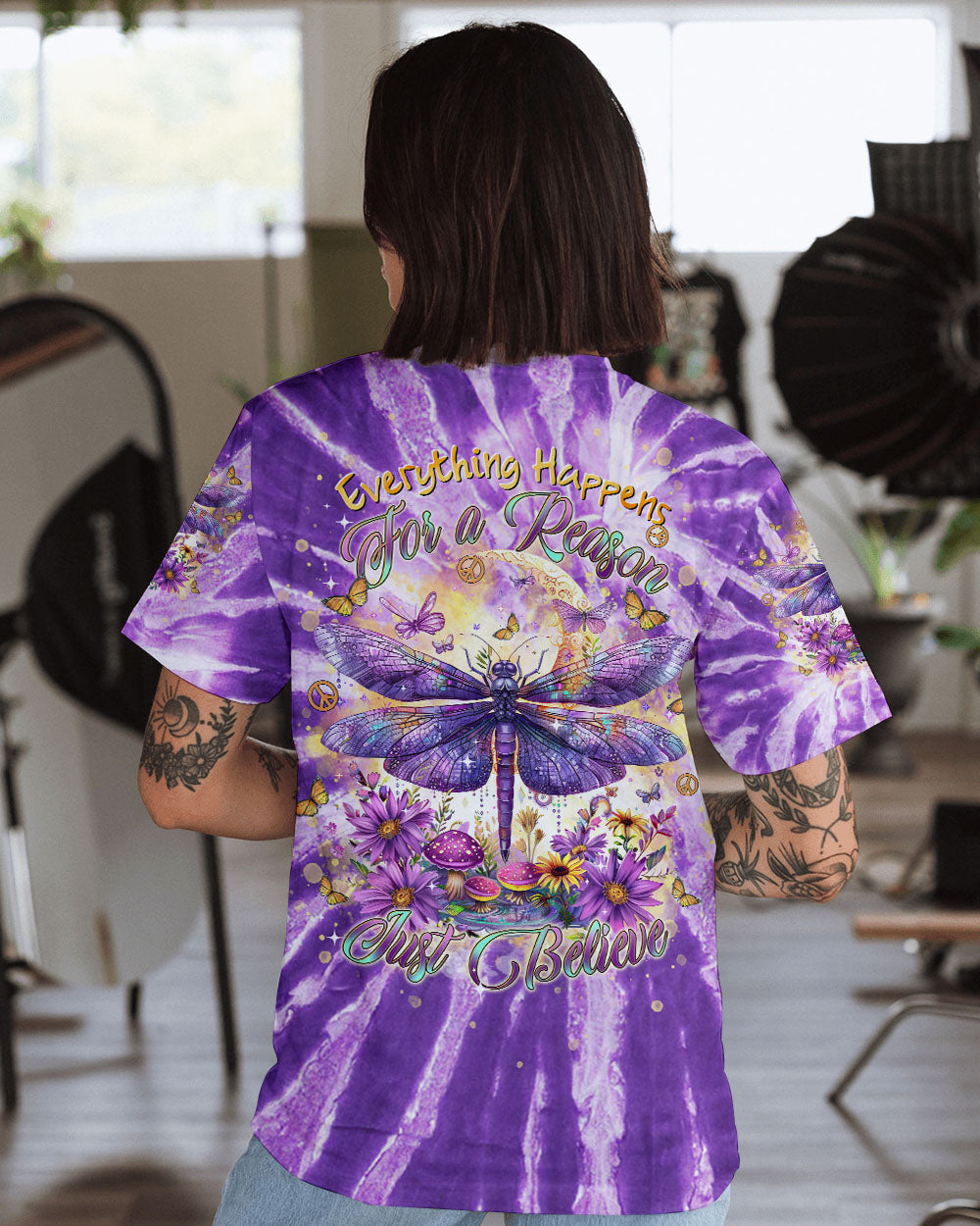 Everything Happens for a Reason Just Believe Purple Tie Dye Dragonfly AOP Shirts _1_ 3E9kq