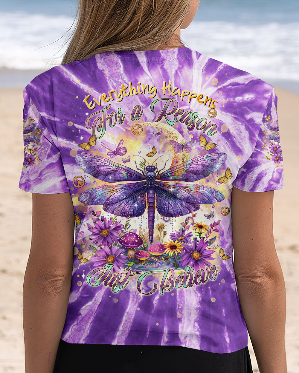 Everything Happens for a Reason Just Believe Purple Tie Dye Dragonfly AOP Shirts _3_ ck3c7