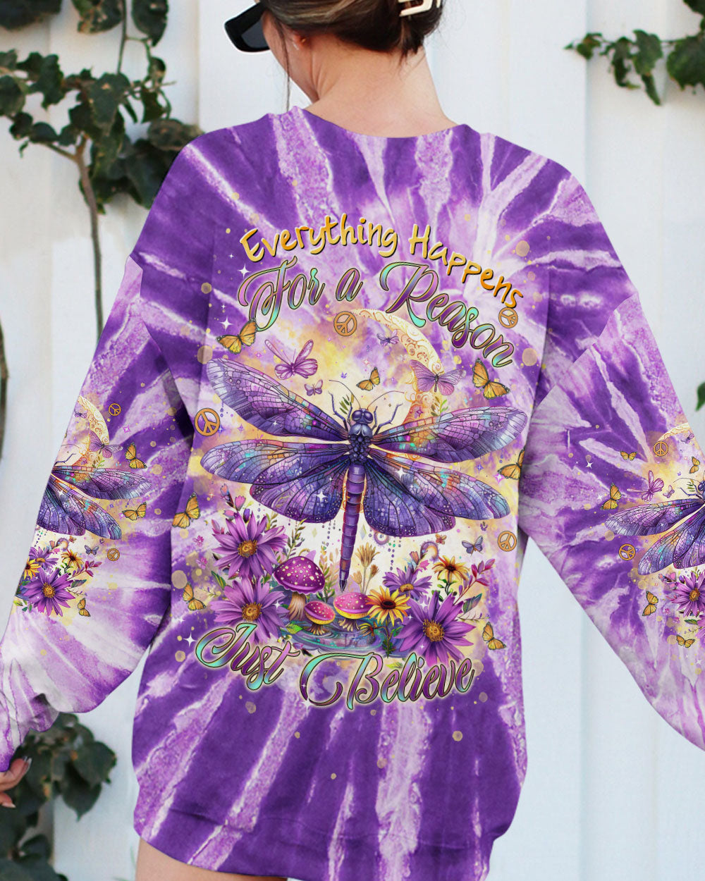 Everything Happens for a Reason Just Believe Purple Tie Dye Dragonfly AOP Shirts _7_ j8GHj