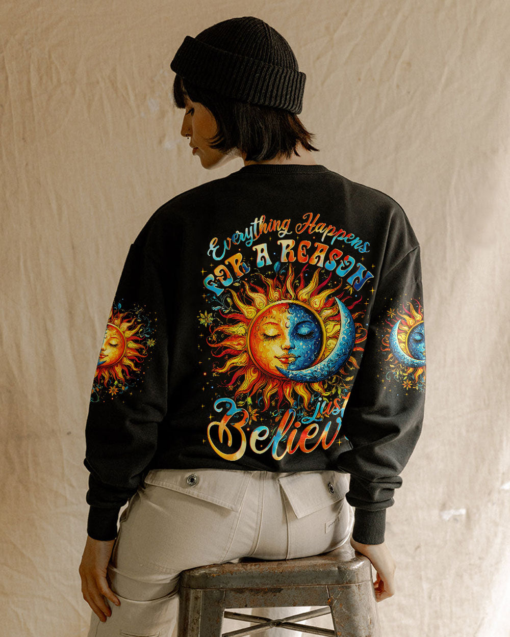 Everything Happens for a Reason Just Believe Sun and Moon AOP Shirts _3_ 9Tu6A