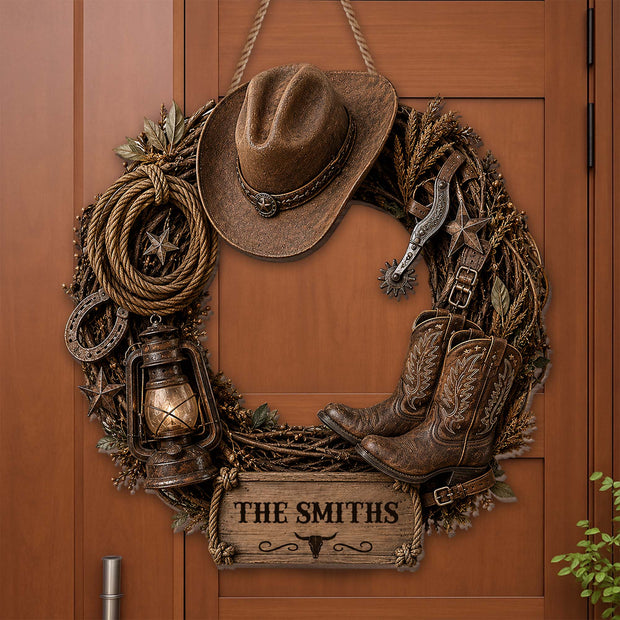 Cowboy Wreath - Personalized Wood Sign - Gift For Farmers