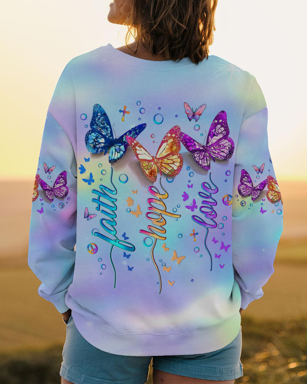Faith Hope Love Colorful Pastel Butterfly Tie Dye Graphic AOP Shirts _3_ VHgK1