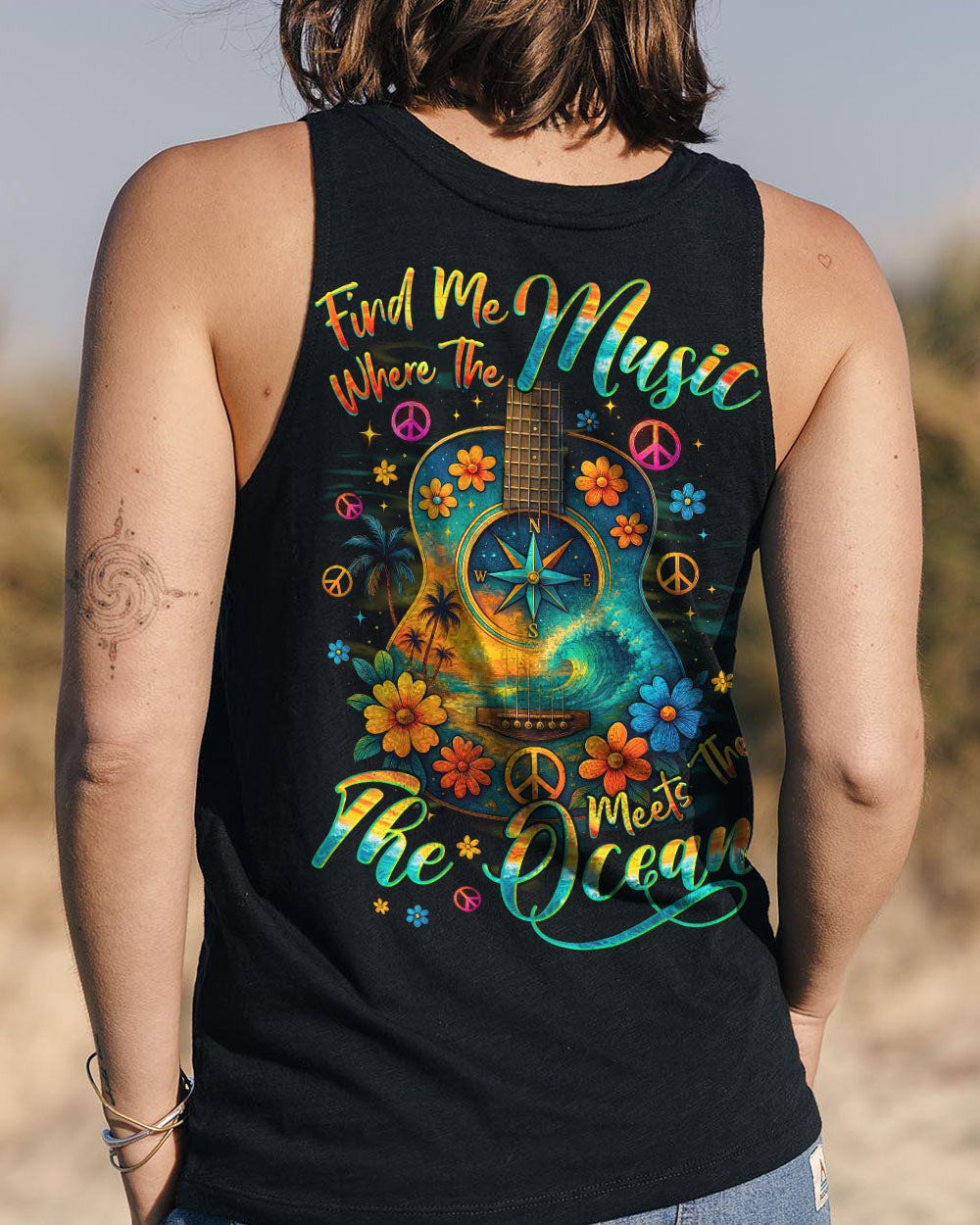 Find Me Where The Music Meets The Ocean Guitar Colorful with Flowers Design for Women AOP Shirts _13_ FL9V5