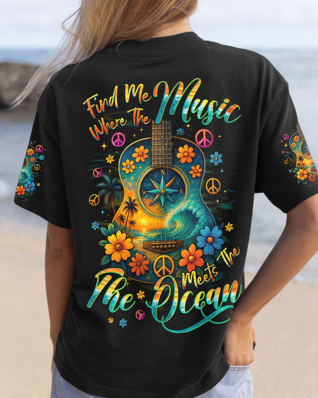 Find Me Where The Music Meets The Ocean Guitar Colorful with Flowers Design for Women AOP Shirts _1_ V67Xp