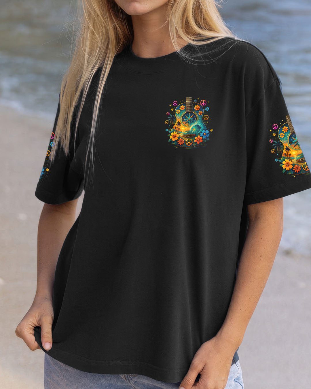 Find Me Where The Music Meets The Ocean Guitar Colorful with Flowers Design for Women AOP Shirts _2_ uQEQi