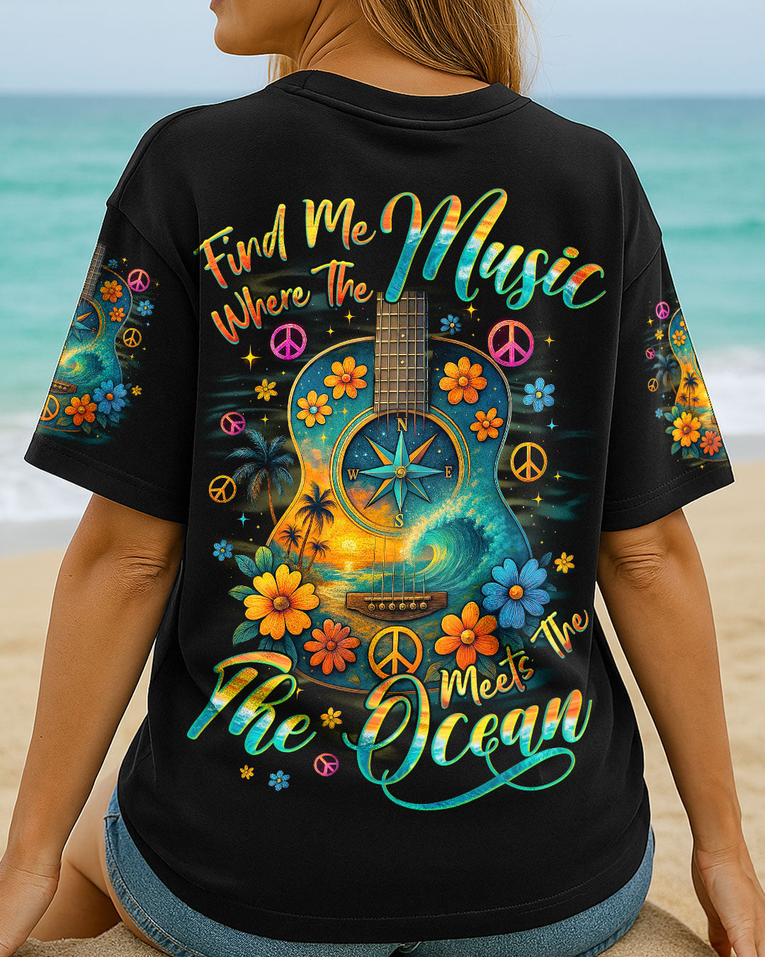 Find Me Where The Music Meets The Ocean Guitar Colorful with Flowers Design for Women AOP Shirts _3_ dJj66
