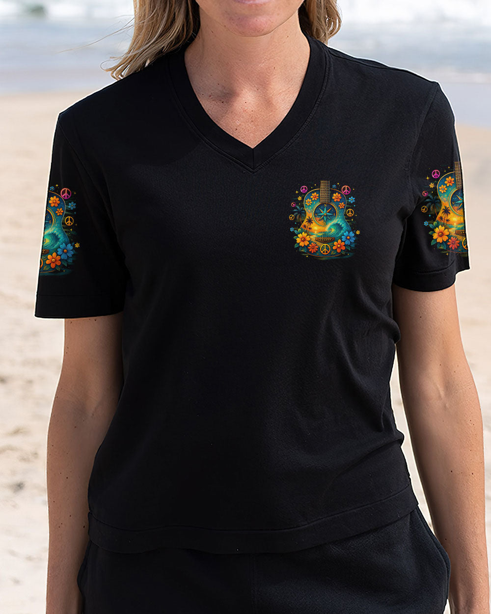 Find Me Where The Music Meets The Ocean Guitar Colorful with Flowers Design for Women AOP Shirts _4_ 8MFq9