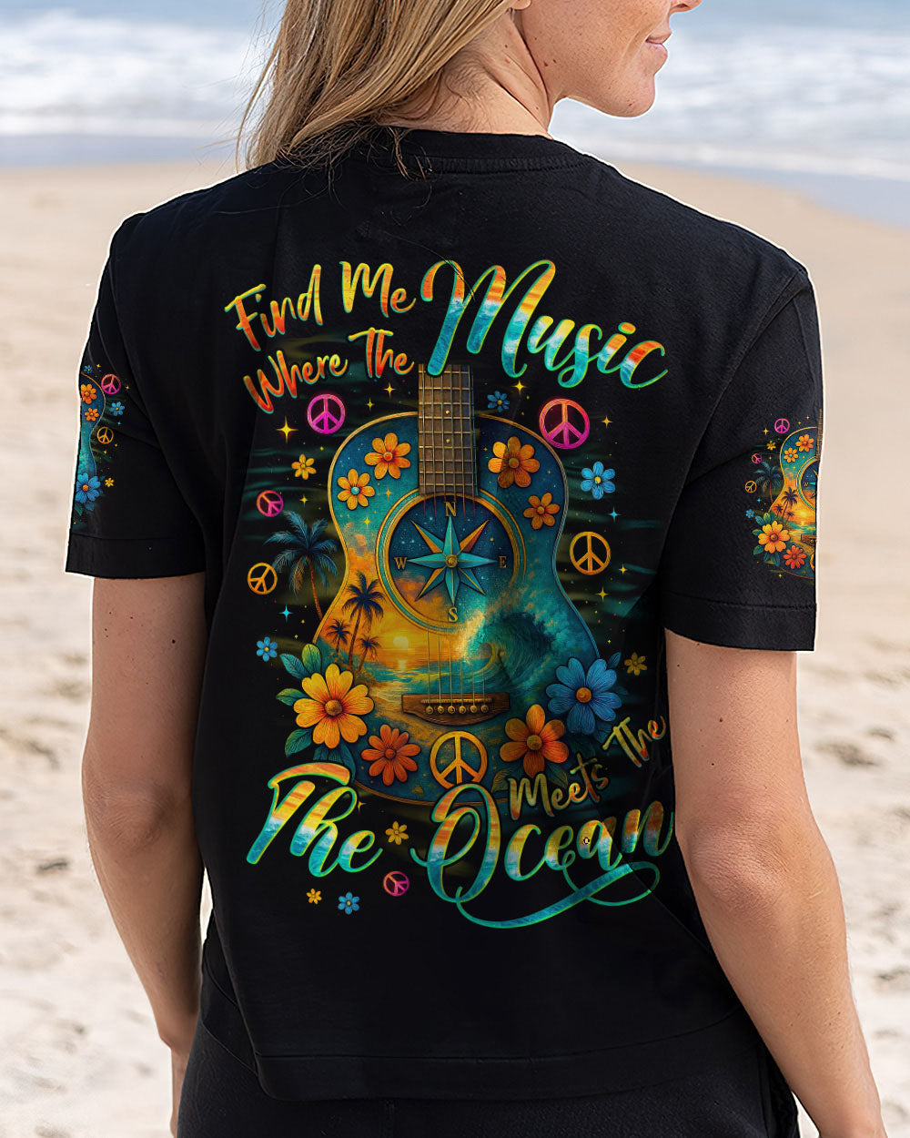 Find Me Where The Music Meets The Ocean Guitar Colorful with Flowers Design for Women AOP Shirts _5_ CopZ2