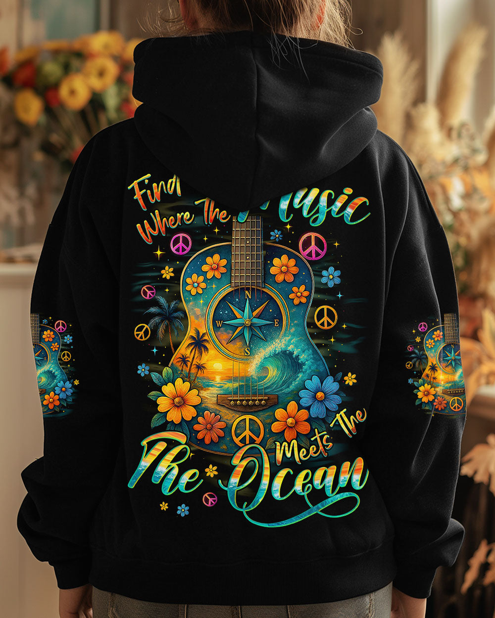 Find Me Where The Music Meets The Ocean Guitar Colorful with Flowers Design for Women AOP Shirts _7_ 5QmMU
