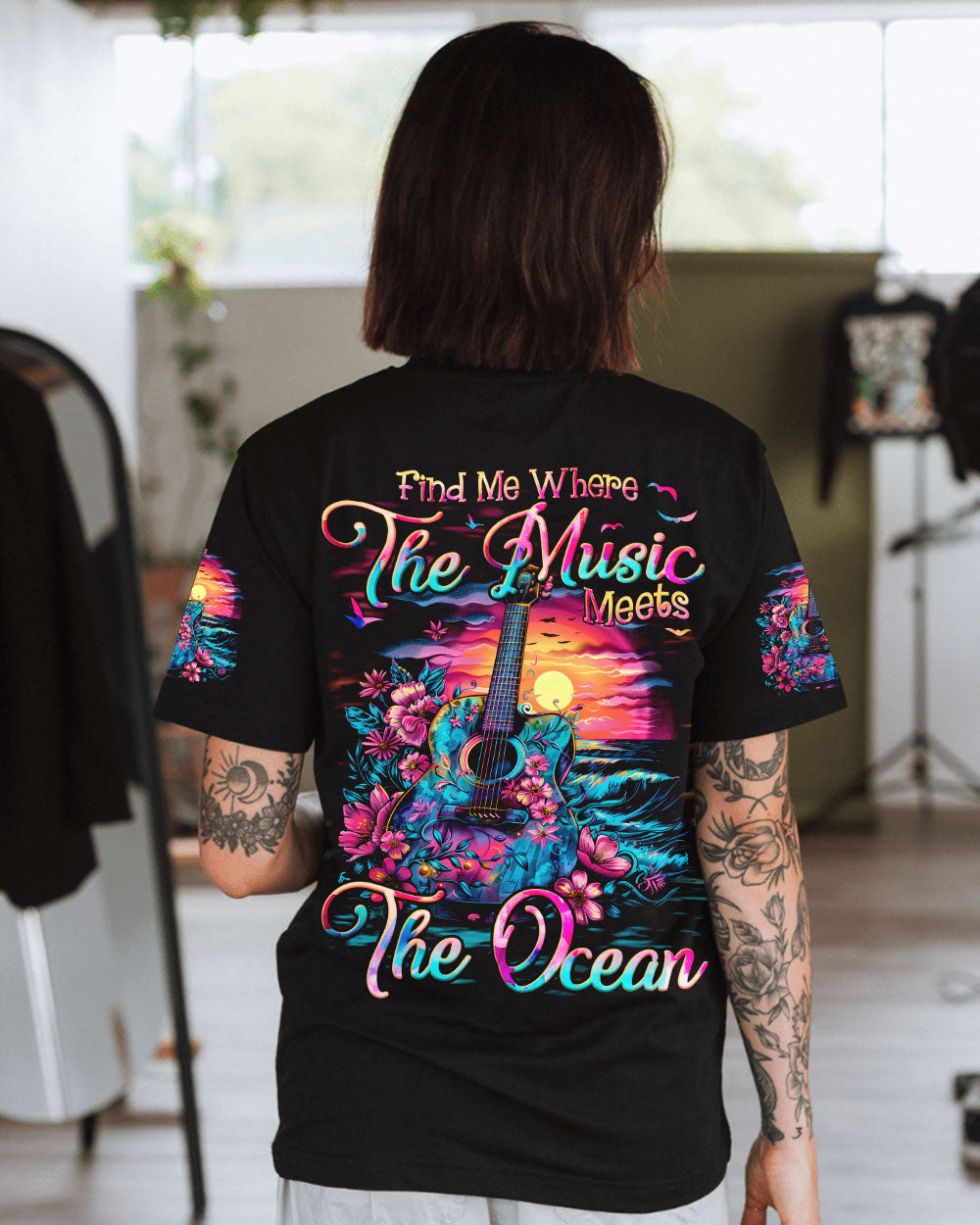 Find Me Where the Music Meets the Ocean Guitar Beach Floral Graphic AOP Shirts _1_ dy2Wj