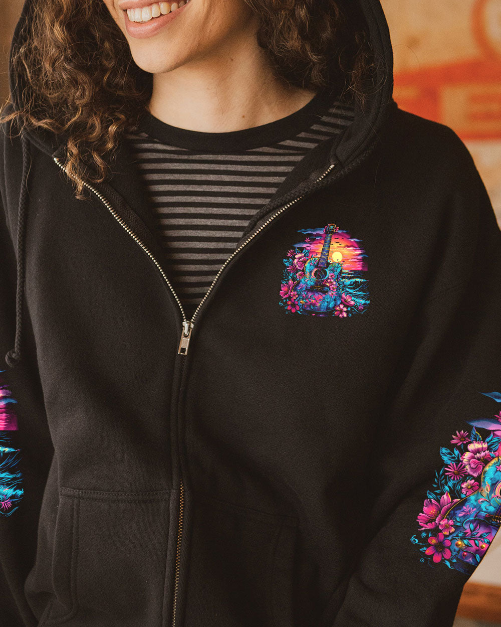 Find Me Where the Music Meets the Ocean Guitar Beach Floral Graphic AOP Shirts _8_ NJvGs